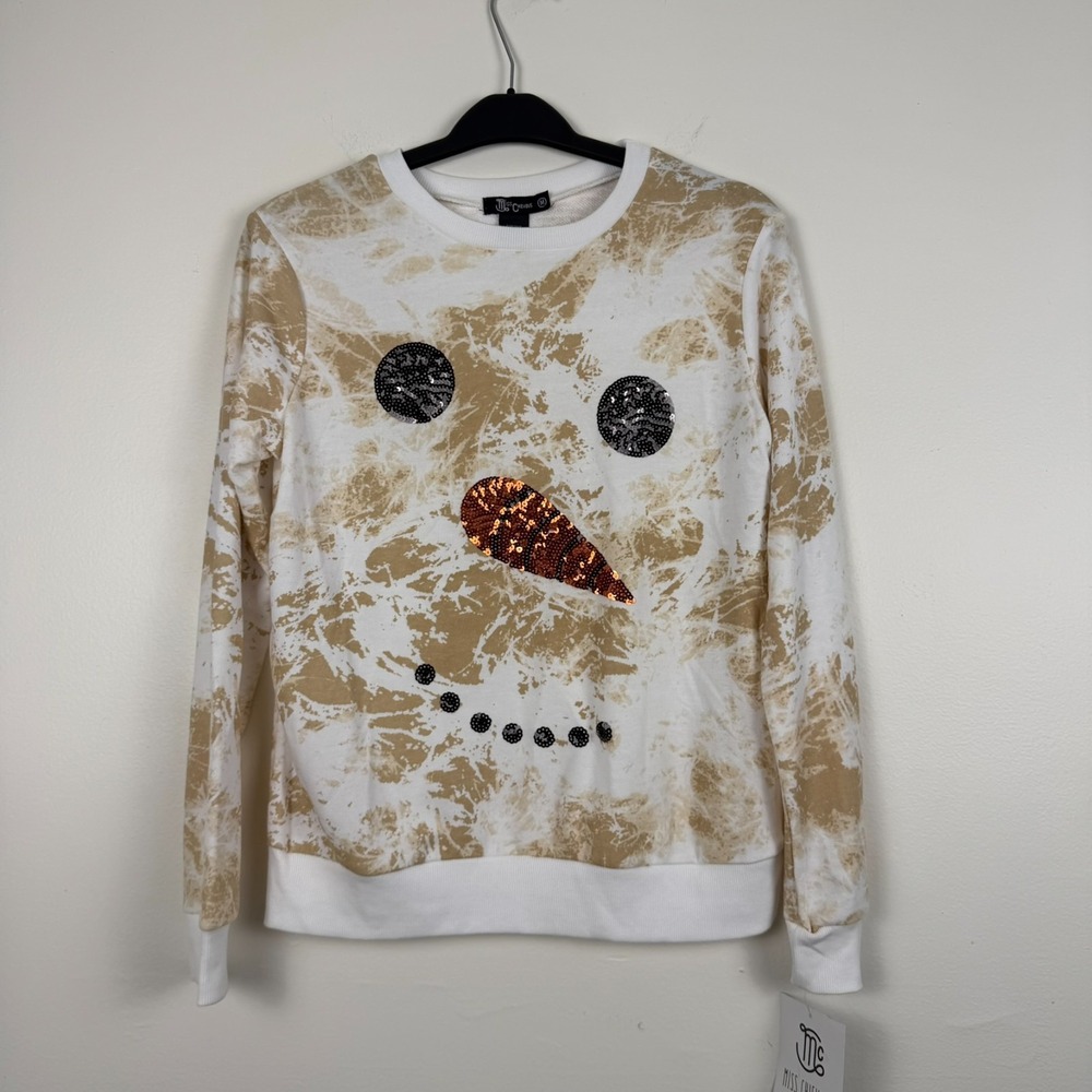 Miss Chievous Sweatshirt M Snowman Face Sequin Tie Dye  Holiday Christmas NWT